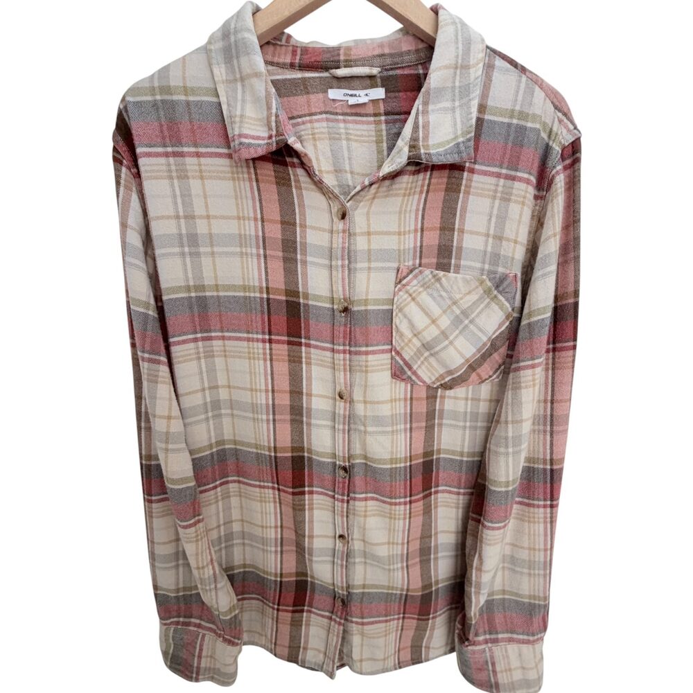 O'Neill Beige Chest pocket Plaid Button-Up Cotton Collared Women's Large